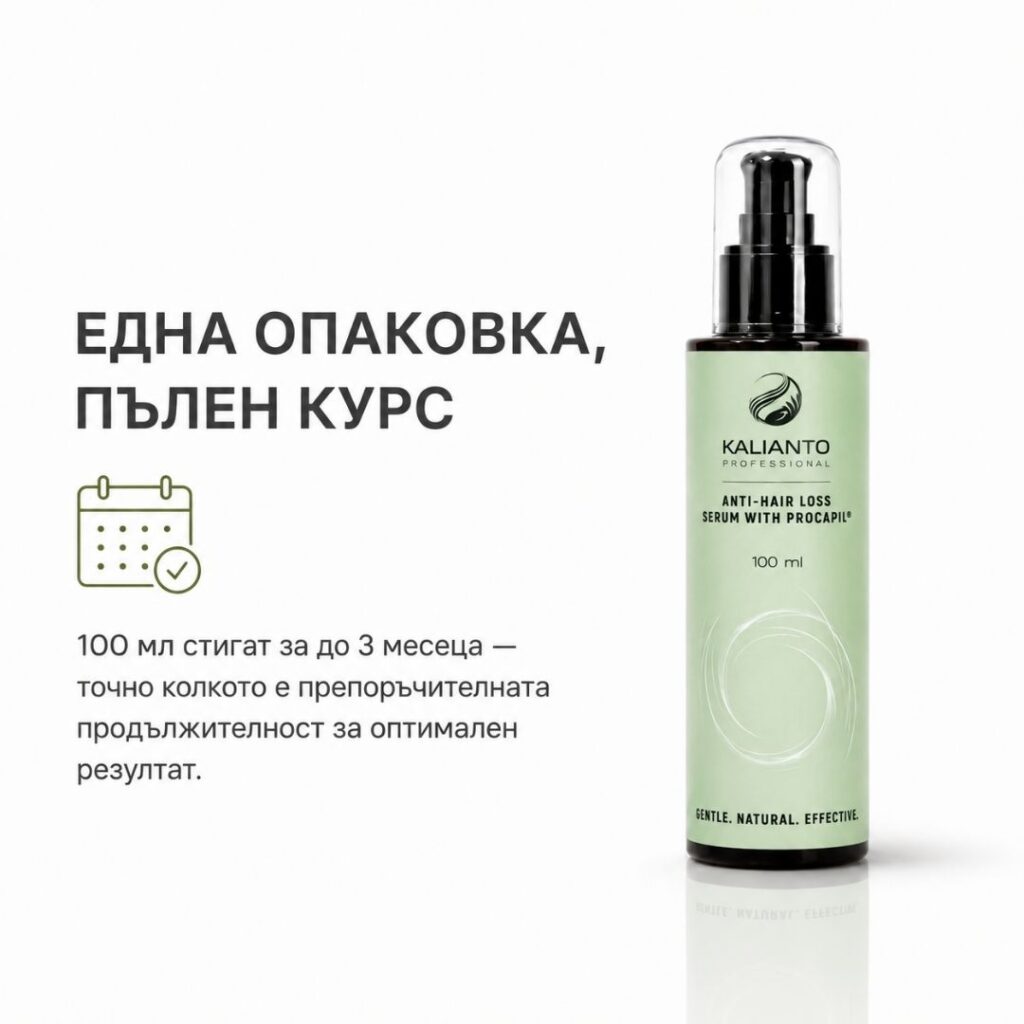 Опаковка серум против косопад и за растеж на косата Kalianto, достатъчна за 3-месечен курс