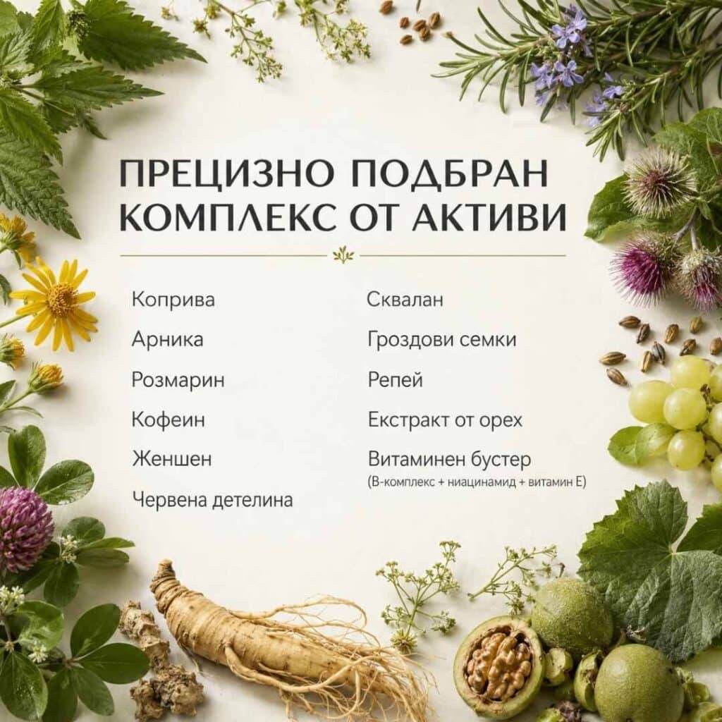 Съставки на серум против косопад Kalianto - коприва, арника, женшен