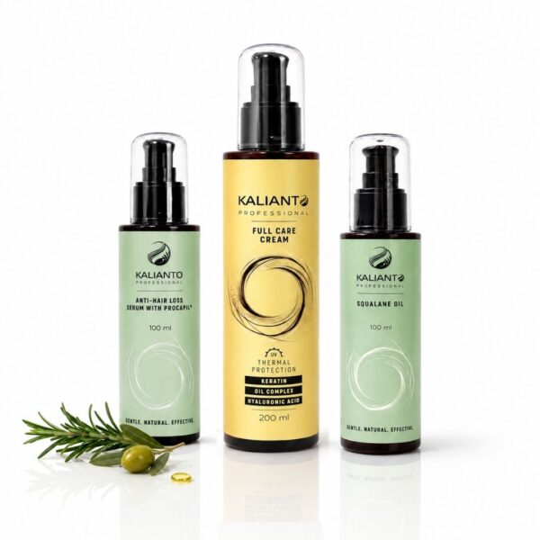 TRIO-BESTSELYRI-KREM-ZA-KOSA-SERUM-ZA-RASTEJ-MASLO-OT-SKVALAN-KALIANTO Професионална козметика Kalianto. Крем без отмиване, серум за растеж на косата и против косопад и чисто масло от сквалан за скалп и кожата на лицето