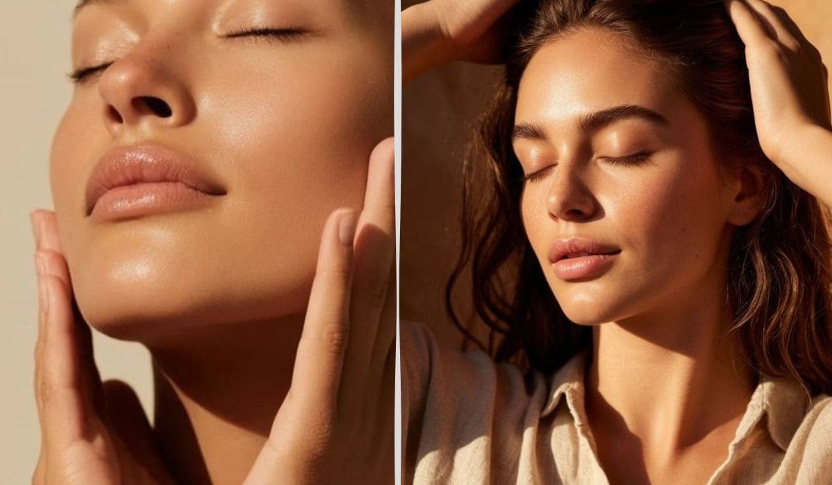 Жена си прави рутина грижа за кожата и косата